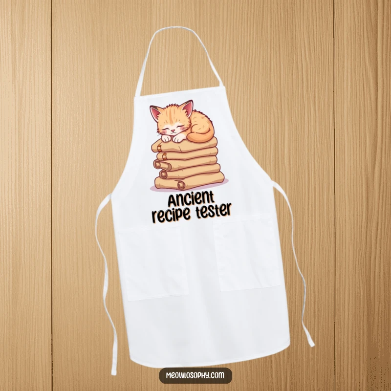 Funny sleepy kitten apron, showing a wise cat napping on ancient scrolls, perfect for cooking and adding whimsical charm.