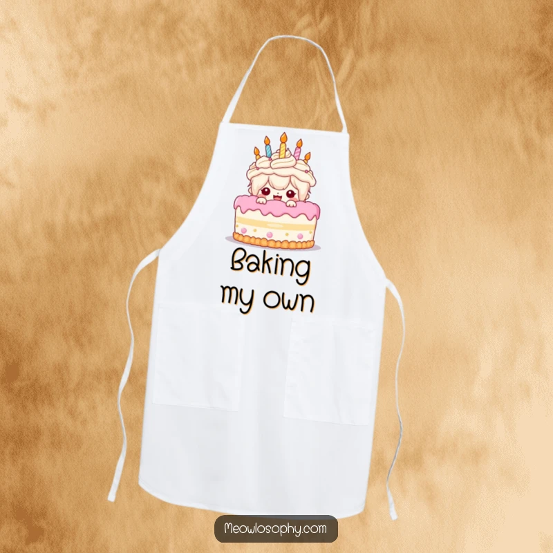 Funny Birthday Cake Apron: A kawaii character peeks excitedly from behind a giant cake, perfect for birthday baking fun.
