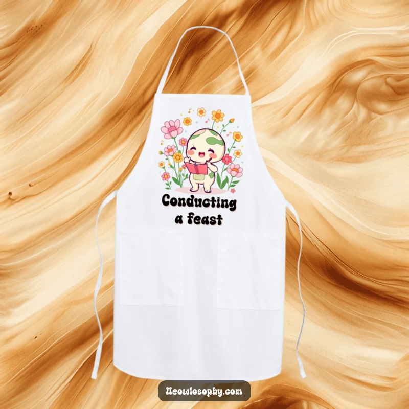 Funny kitchen apron featuring a cute earth character enthusiastically conducting a symphony of blooming flowers, ideal for cooking.