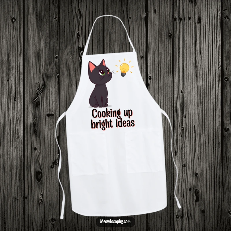 Funny black cat apron, cat looking up at a lightbulb, symbolizing culinary inspiration, humorous kitchen wear, great gift.