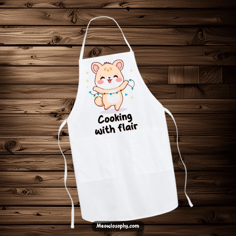 Funny Kawaii Animal Dancer Apron showing a cute character dancing with fairy lights. A humorous and functional kitchen accessory.