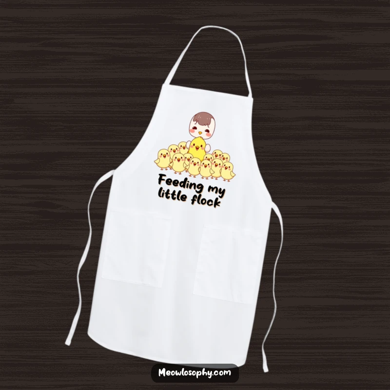 Funny kawaii apron depicting a character feeding cheerful, plump birds. Cute and practical kitchen accessory.