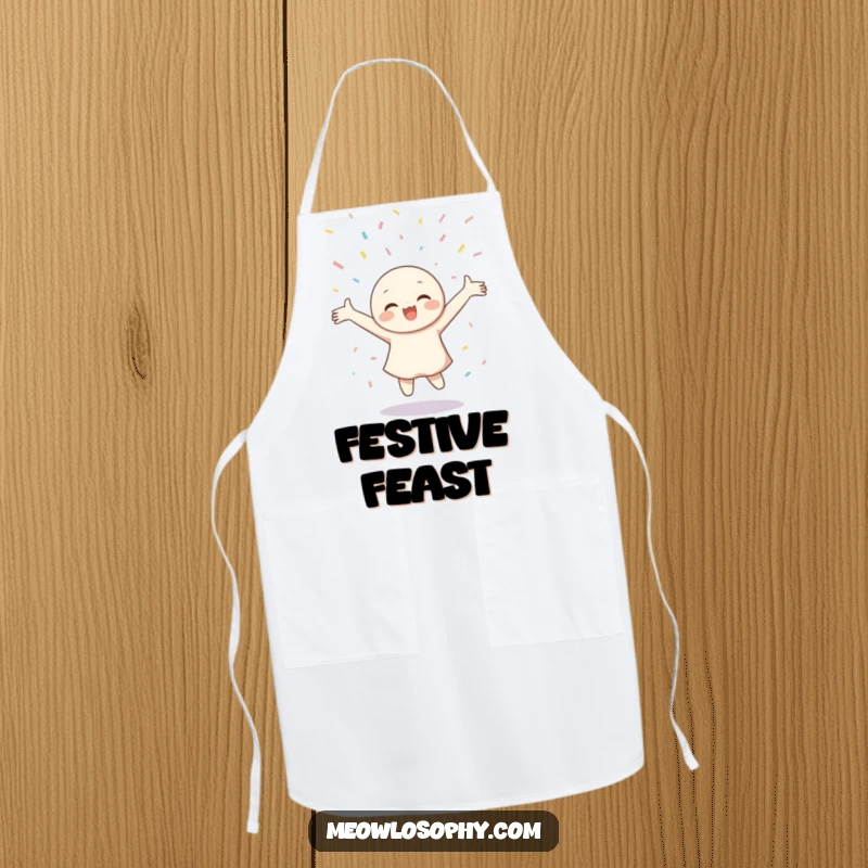 Funny Apron showing a happy character twirling with arms wide open under a delightful shower of confetti.
