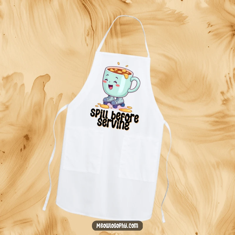 Funny apron design of a sentient coffee mug comically spilling its contents while wearing tiny roller skates.