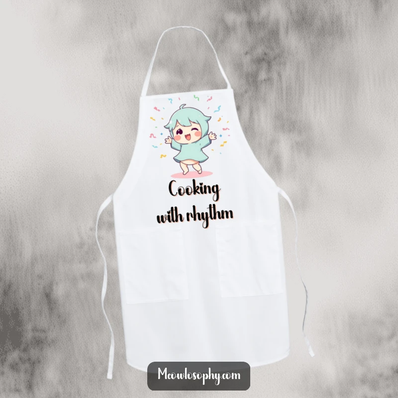 Funny Dancer Apron: A playful character dancing energetically amidst flying streamers, perfect for kitchen fun.