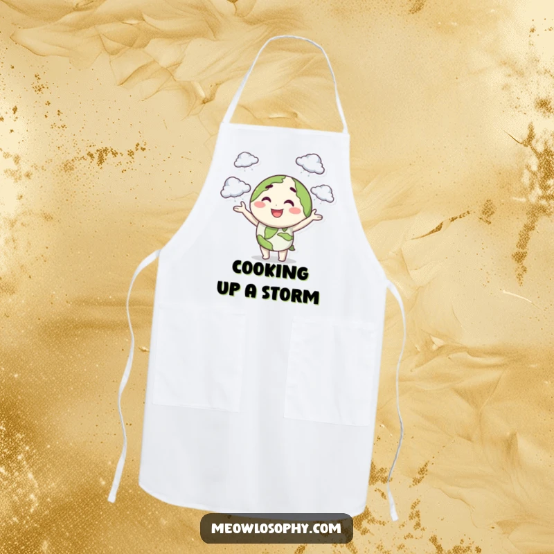 Funny kitchen apron featuring a smiling earth character playfully juggling tiny storm clouds with a mischievous wink, ideal for cooking.