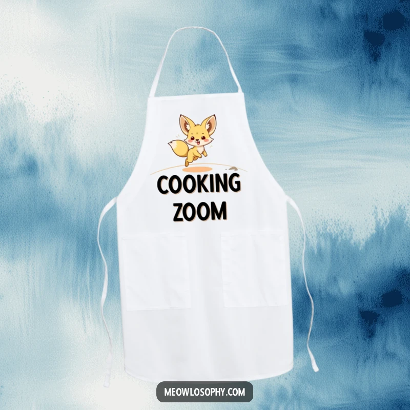 Funny Fennec Fox Apron illustrates a cute fox with ears flying back, mid-zoomie across a sandy landscape, ready for kitchen action.