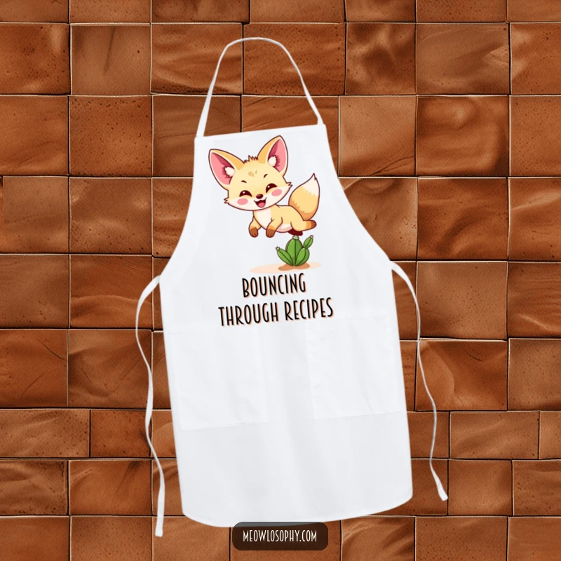 Funny Fennec fox apron showing a fennec fox jumping happily over a miniature cactus, perfect for a desert-themed kitchen.