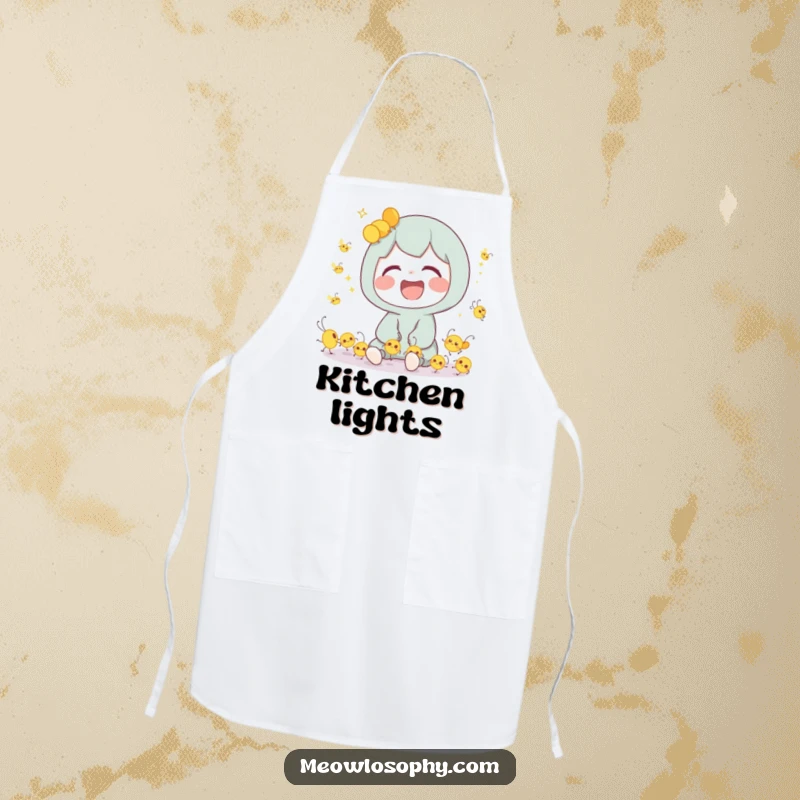 Funny Apron showing a cute character laughing with tiny, dancing fireflies, perfect for a whimsical kitchen.