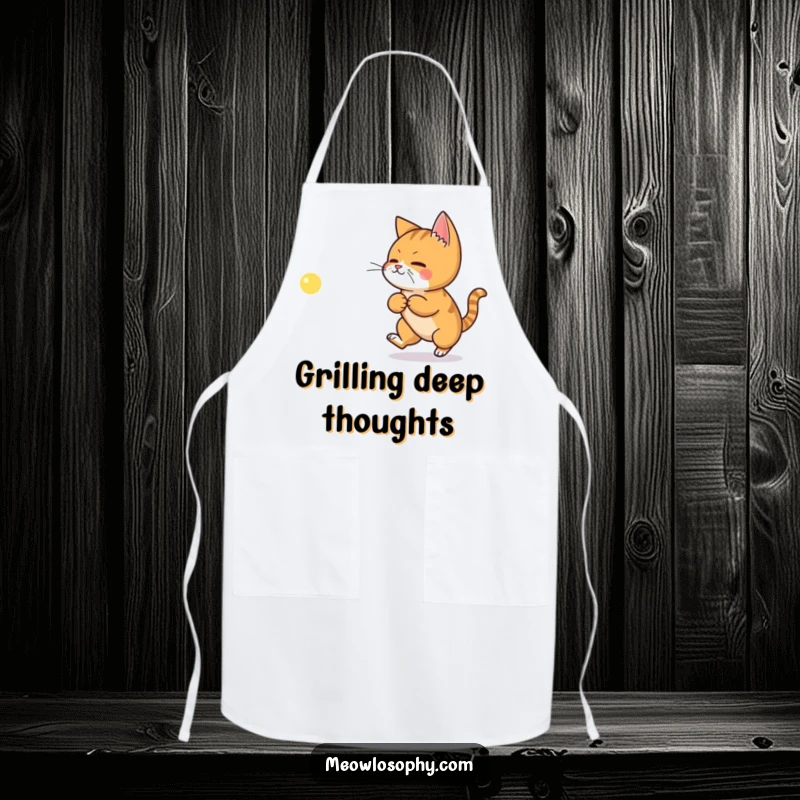 Funny apron showing a ginger cat chasing a philosophical laser dot, ideal for kitchen contemplation.