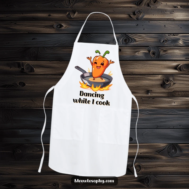 Funny grilled pepper character smiling and dancing on a sizzling skillet, featured on a humorous kitchen apron.