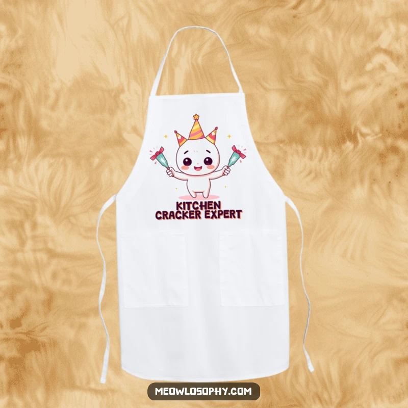 Funny Adorable Juggler Apron showing a character juggling sparkling party crackers. A humorous and functional kitchen accessory.