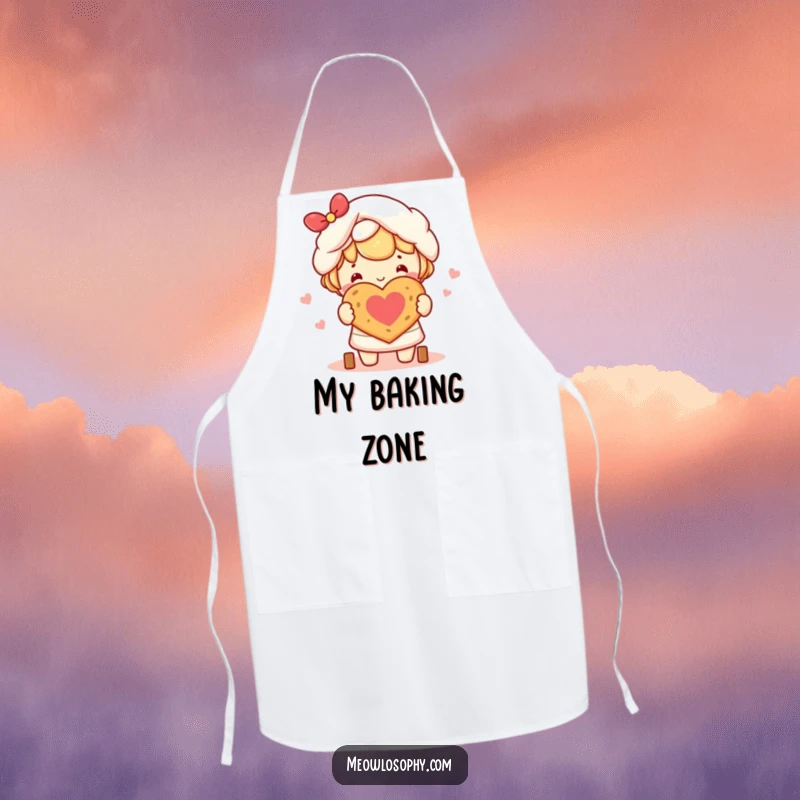 Funny kawaii character happily baking a heart-shaped loaf of bread, designed on a practical and stylish apron.