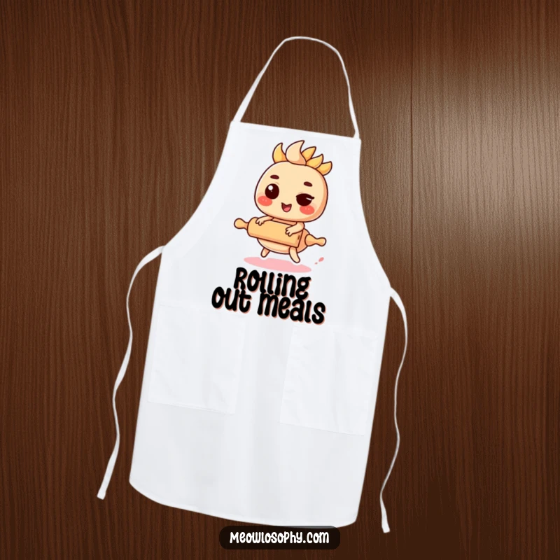 Funny Kawaii Fajita Apron showing a winking fajita filling riding a miniature rolling pin, perfect for chefs.