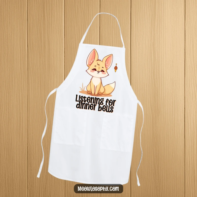 Funny Kawaii Fennec fox apron showing a cute fennec fox with alert ears, listening to a desert wind chime while cooking.