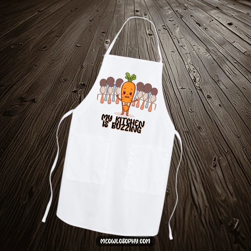Funny apron with a shy carrot in a bowtie conducting a spoon orchestra, perfect for a humorous kitchen experience.