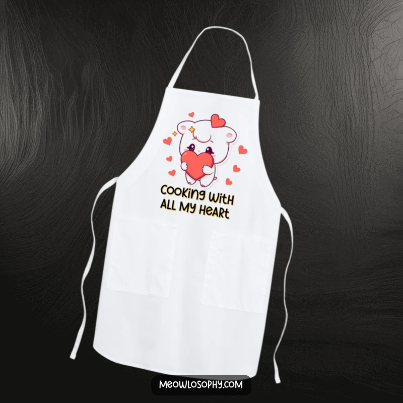 Funny apron featuring a cute character with stars in its eyes, holding a big, red heart, perfect for adding heartwarming charm to cooking.