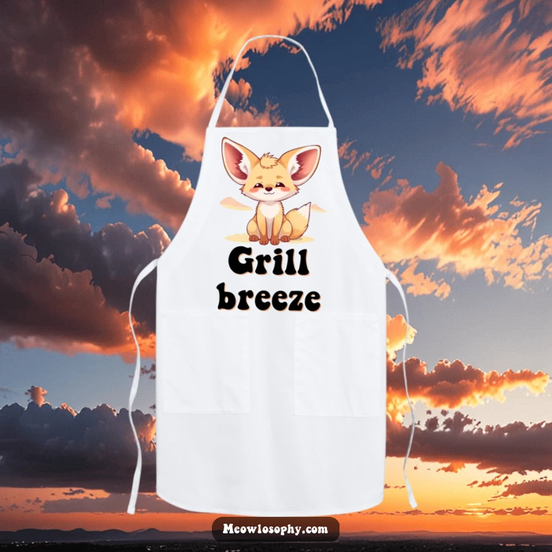 Funny Fennec Fox Apron illustrates a cute fox with ears wide, blissfully enjoying a desert breeze, ready for a relaxed cooking session.