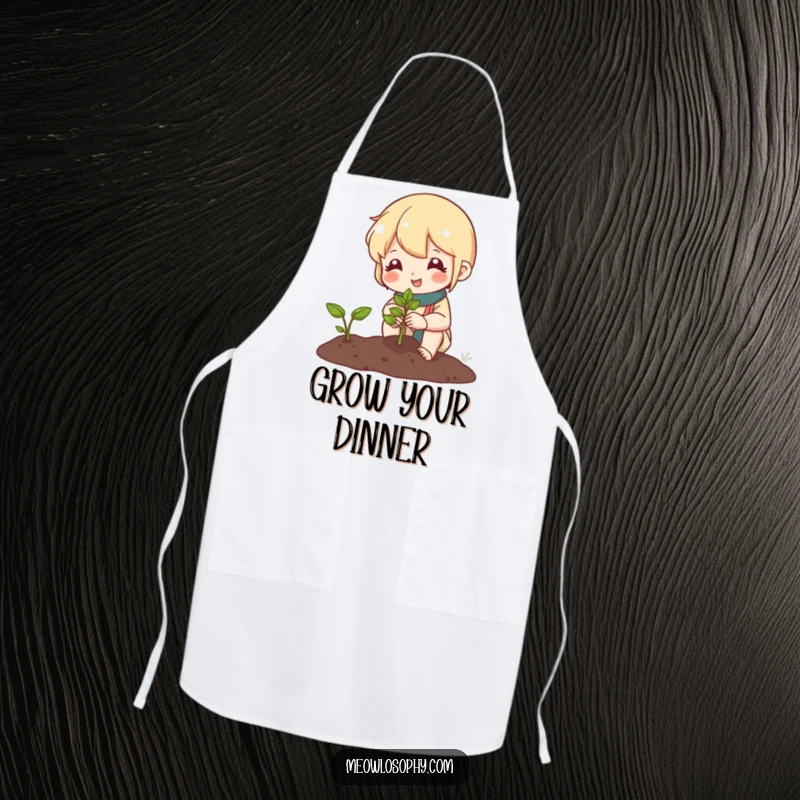 Funny apron featuring a cute character tending a miniature garden, perfect for a cook who enjoys plants and nature.