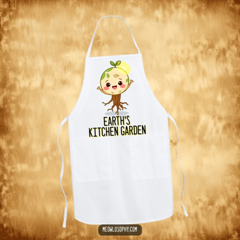 Funny Happy Earth character with roots wiggling, dancing in a sunbeam, a fun apron for eco-friendly cooking and gardening.