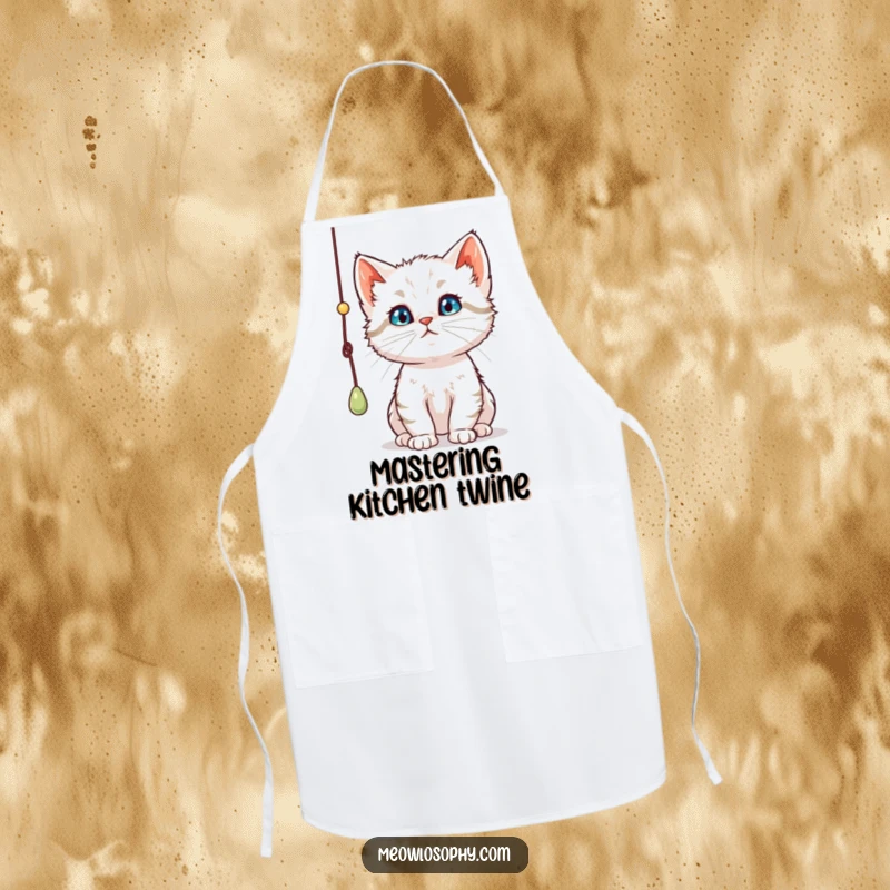 Funny curious kitten apron, shows a thoughtful cat batting a dangling string, ideal for cooking and adding humor to the kitchen.