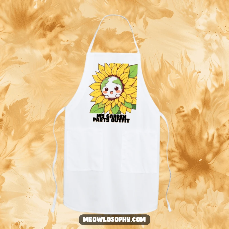Funny Kawaii Earth character peeking from a smiling sunflower on a durable apron, ready for humorous culinary creations.