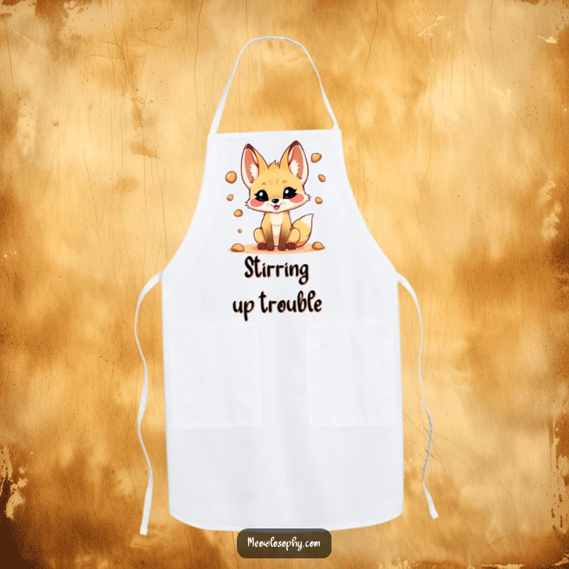 Funny apron showing a mischievous fennec fox juggling desert pebbles, ideal for kitchen humor and adding playful flair.