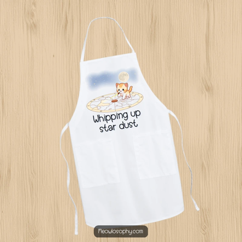 Funny playful kitten apron, showing a kitten chasing a laser pointer across a celestial map, perfect for cooking with cosmic flair.