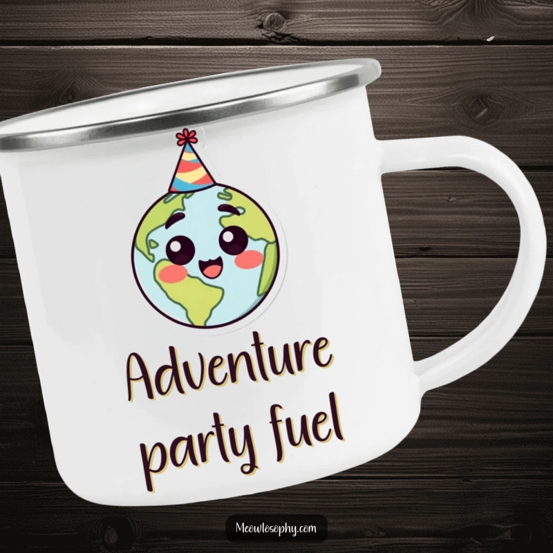 Funny, durable camping mug featuring a stylized earth character with a happy, surprised expression and a party hat, for outdoor fun.