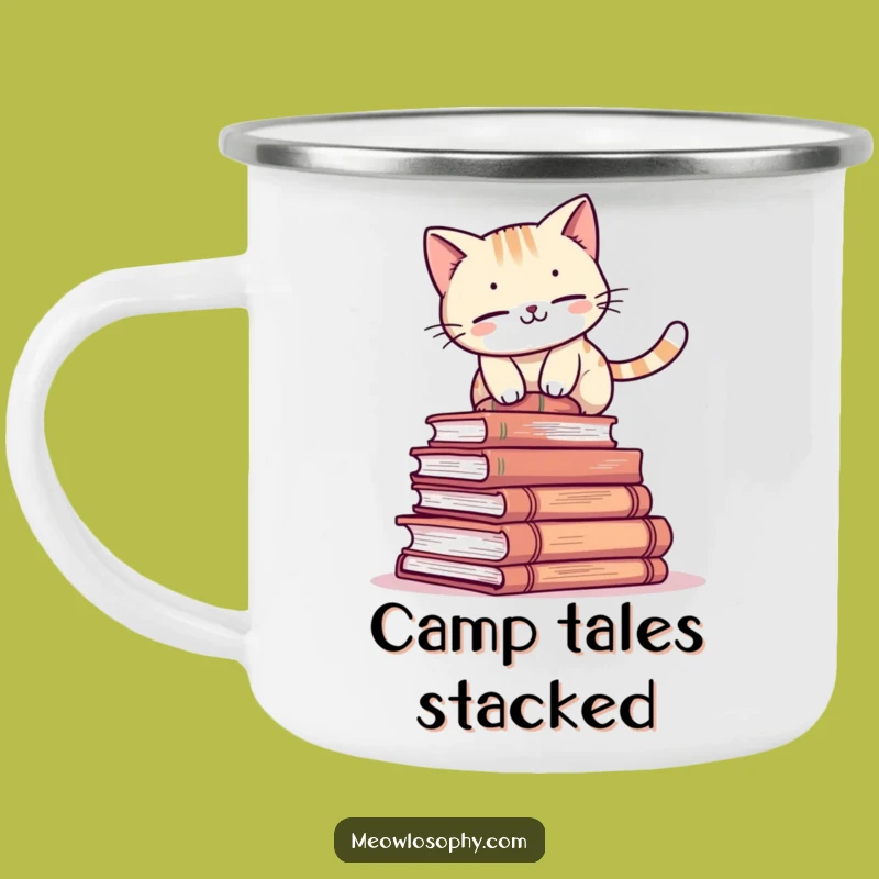 Funny Book Cat Camping Mug: Feline Balancing Wisdom Outdoor Gift