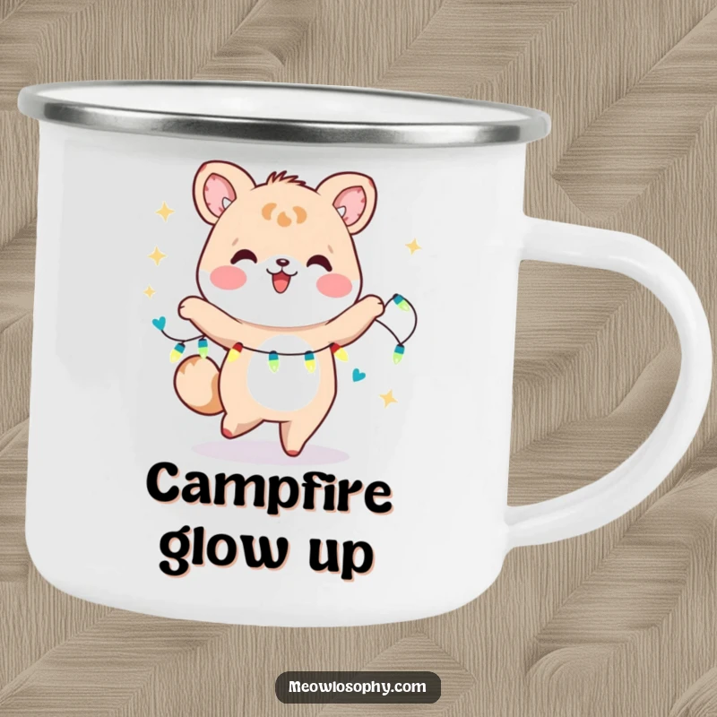 Funny Kawaii Animal Dancer Camping Mug showing a cute character dancing with fairy lights. Humorous and durable outdoor gift.