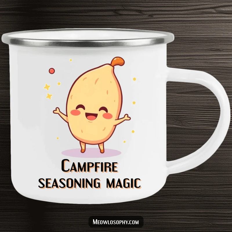 Funny Camping Mug showing a smiling fajita spice character playfully sprinkling sparkles, for outdoor fun and magical enjoyment.