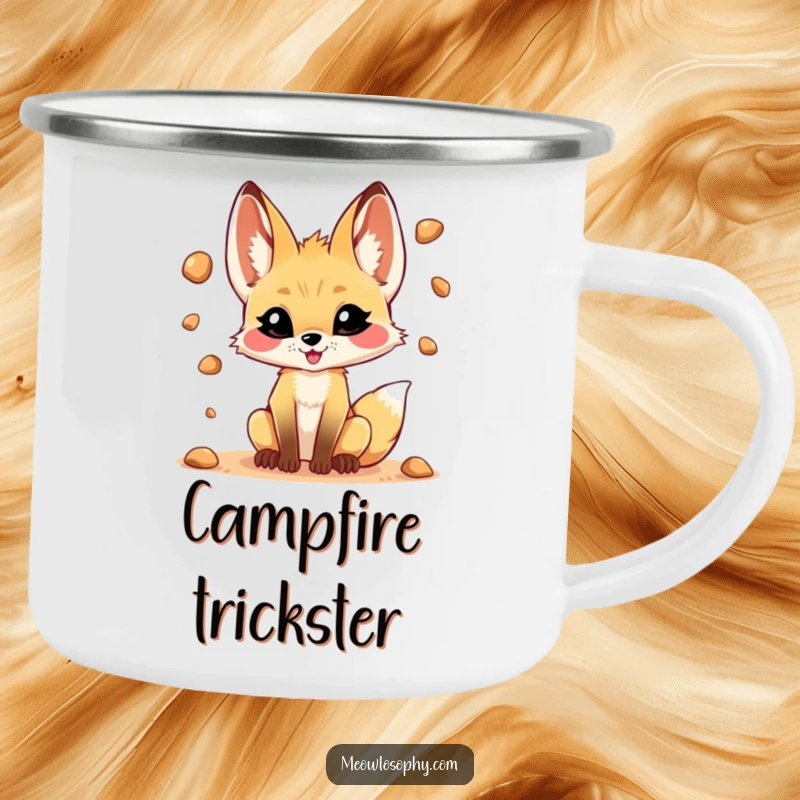 Funny camping mug showing a mischievous fennec fox juggling desert pebbles, symbolizing playful adventures and outdoor fun.