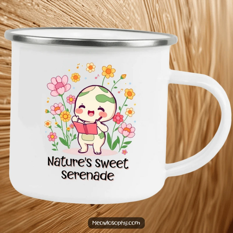 Funny, durable camping mug featuring a cute earth character conducting a symphony of blooming flowers, for outdoor artistic fun.