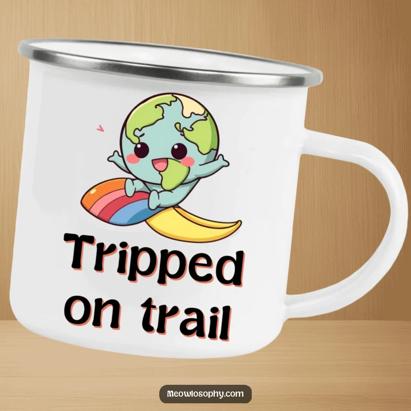 Funny, durable camping mug featuring a kawaii earth character comically slipping on a banana peel, perfect for outdoor laughs.