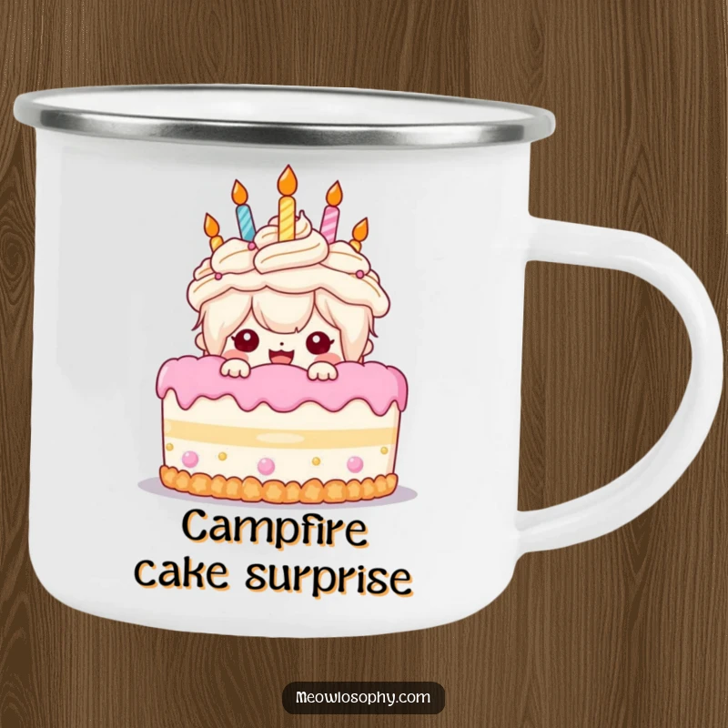 Funny Birthday Cake Camping Mug: A kawaii character peeking from behind a cake, perfect for outdoor birthday celebrations.