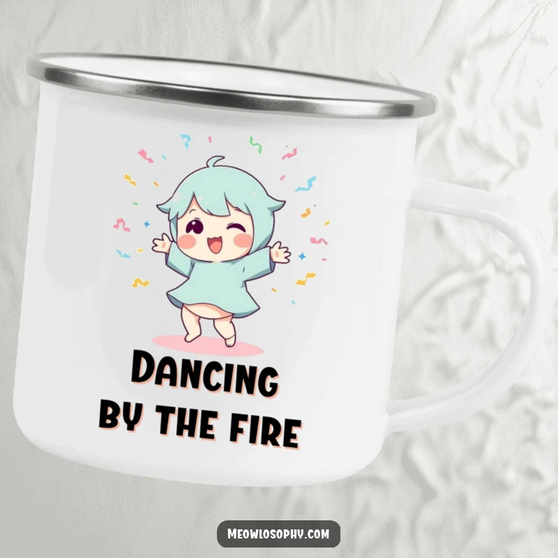 Funny Dancer Camping Mug: A playful character dancing with streamers, perfect for adding fun to outdoor activities.
