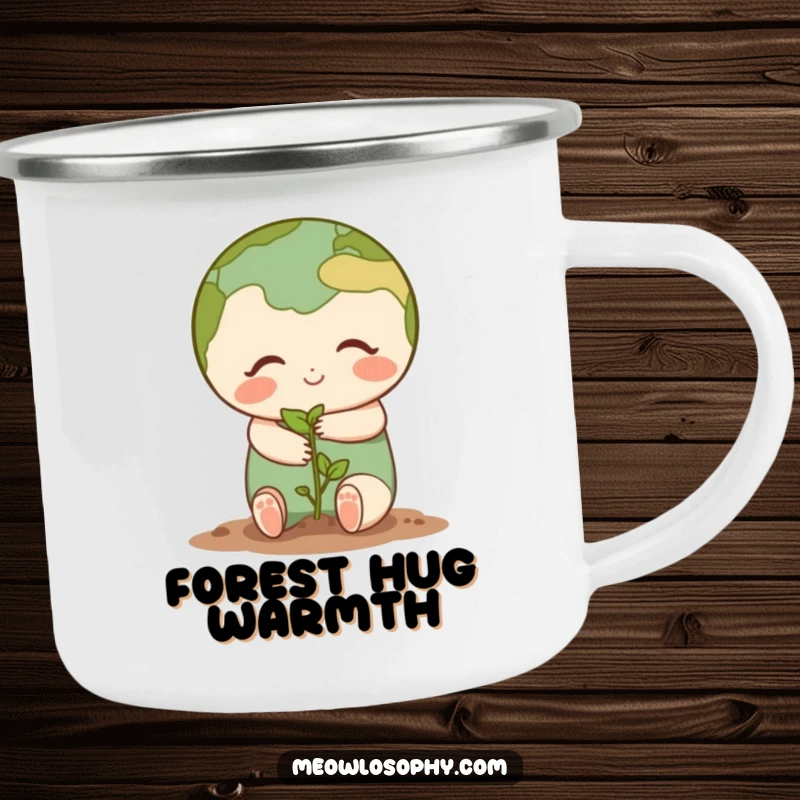 Cute Earth character sharing a gentle hug with a tiny seedling on a rugged camping mug, perfect for humorous outdoor enjoyment.