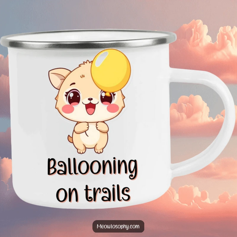 Funny Excited Animal Camping Mug showing a character with wide eyes holding a balloon. Humorous and durable outdoor gift.