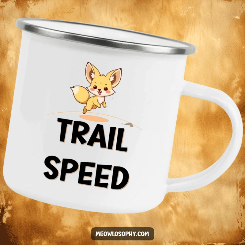 Funny Fennec Fox Camping Mug depicts a cute fox with ears back, mid-zoomie across a sandy landscape, ready for any expedition.