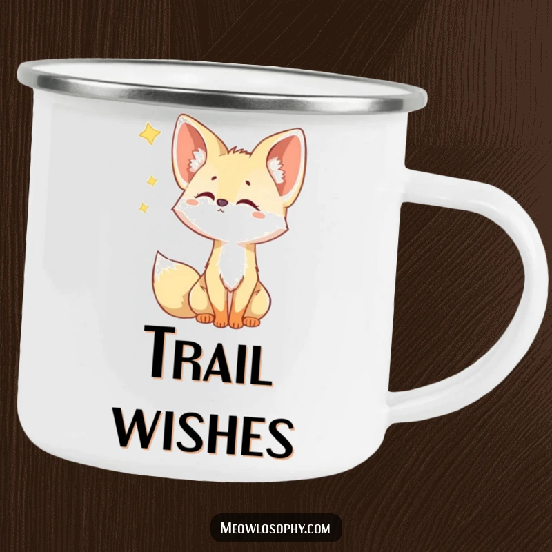 Funny Fennec Fox Camping Mug depicts a cute fox with large, attentive ears, gazing curiously at a falling star, ready for the wilderness.