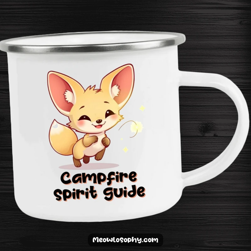 Funny camping mug showing a fennec fox joyfully chasing a firefly, symbolizing magical nights and outdoor adventures.