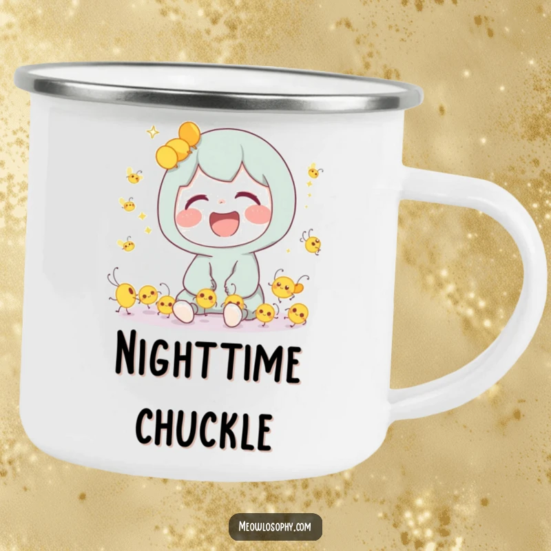 Funny Camping Mug showing a cute character laughing with tiny, dancing fireflies, perfect for starry night drinks.