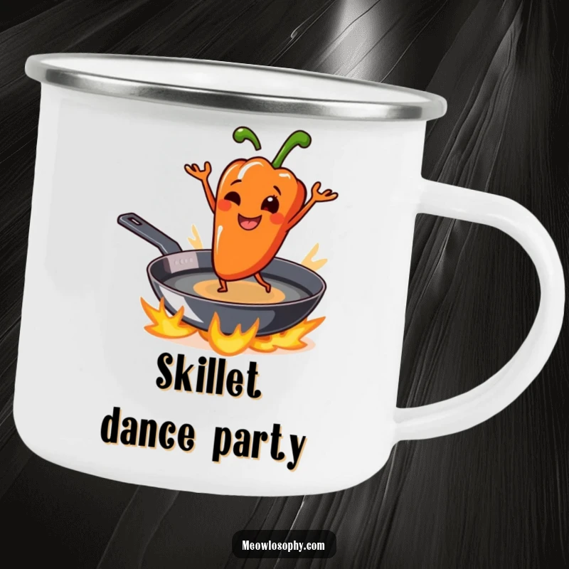 Funny grilled pepper smiling and dancing on a sizzling skillet during camping, on a durable, humorous mug.