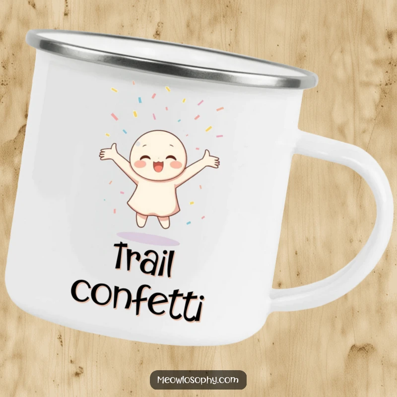 Funny Camping Mug of a character joyfully twirling with arms outstretched under a cheerful shower of confetti.