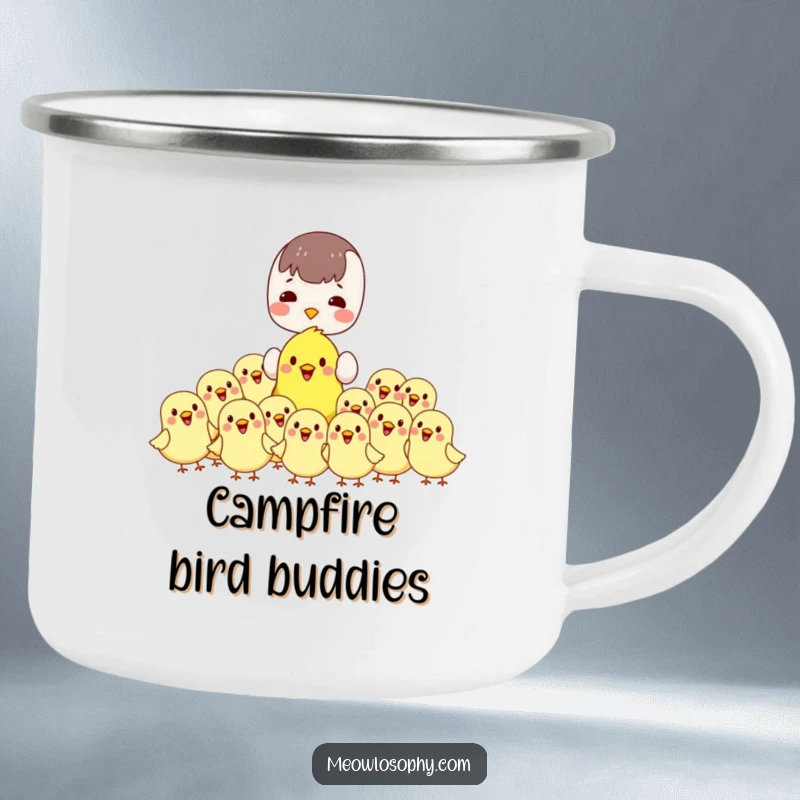 Funny kawaii camping mug with a character feeding cheerful, plump birds. Durable and humorous for outdoor adventures.