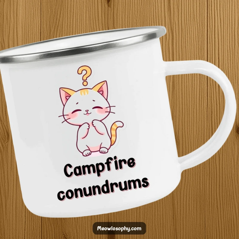 Funny kawaii cat camping mug with a cute character playfully batting at a philosophical question mark, humorous outdoor drinkware.