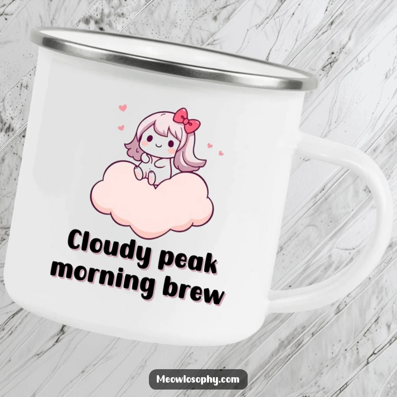 Funny camping mug featuring a kawaii character joyfully riding on a cloud shaped like a heart, perfect for blissful outdoor adventures.