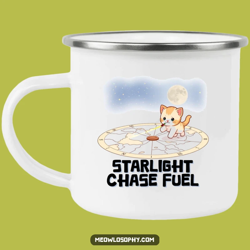 Funny Playful Kitten Camping Mug: Cosmic Chase, Adventure Fuel Gift