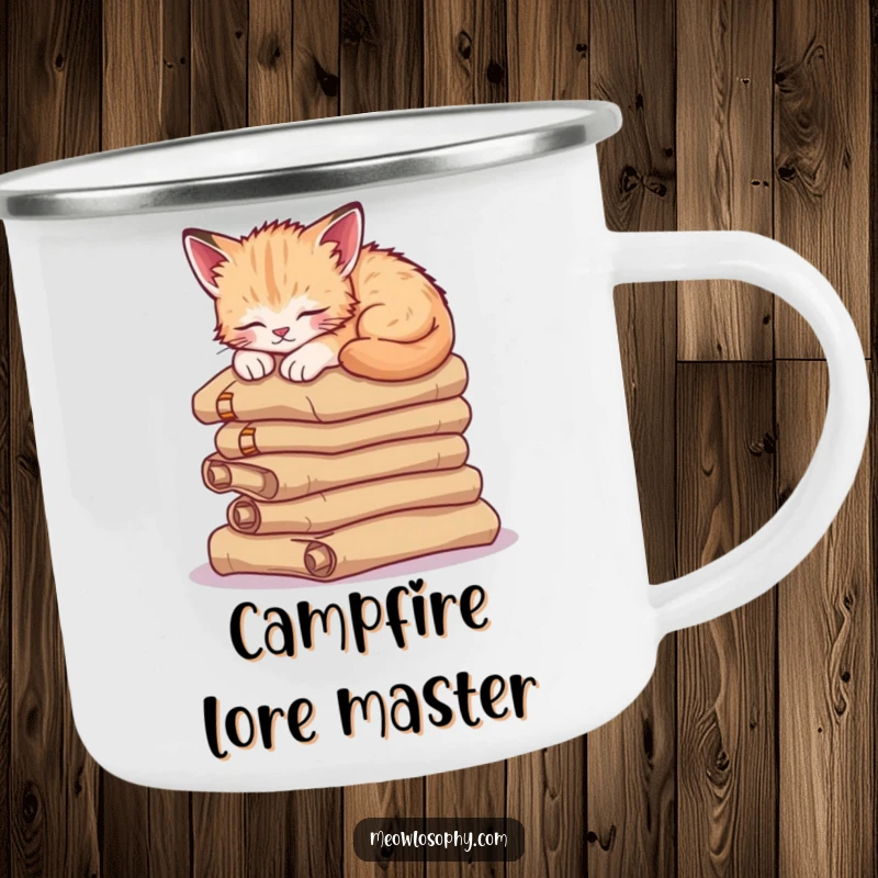 Funny sleepy kitten camping mug, showing a cute cat napping on ancient scrolls, ready for any adventure with a touch of wisdom.